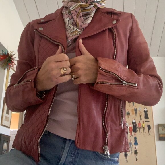 Mauve Maje Leather Bike Jacket - Picture 1 of 8